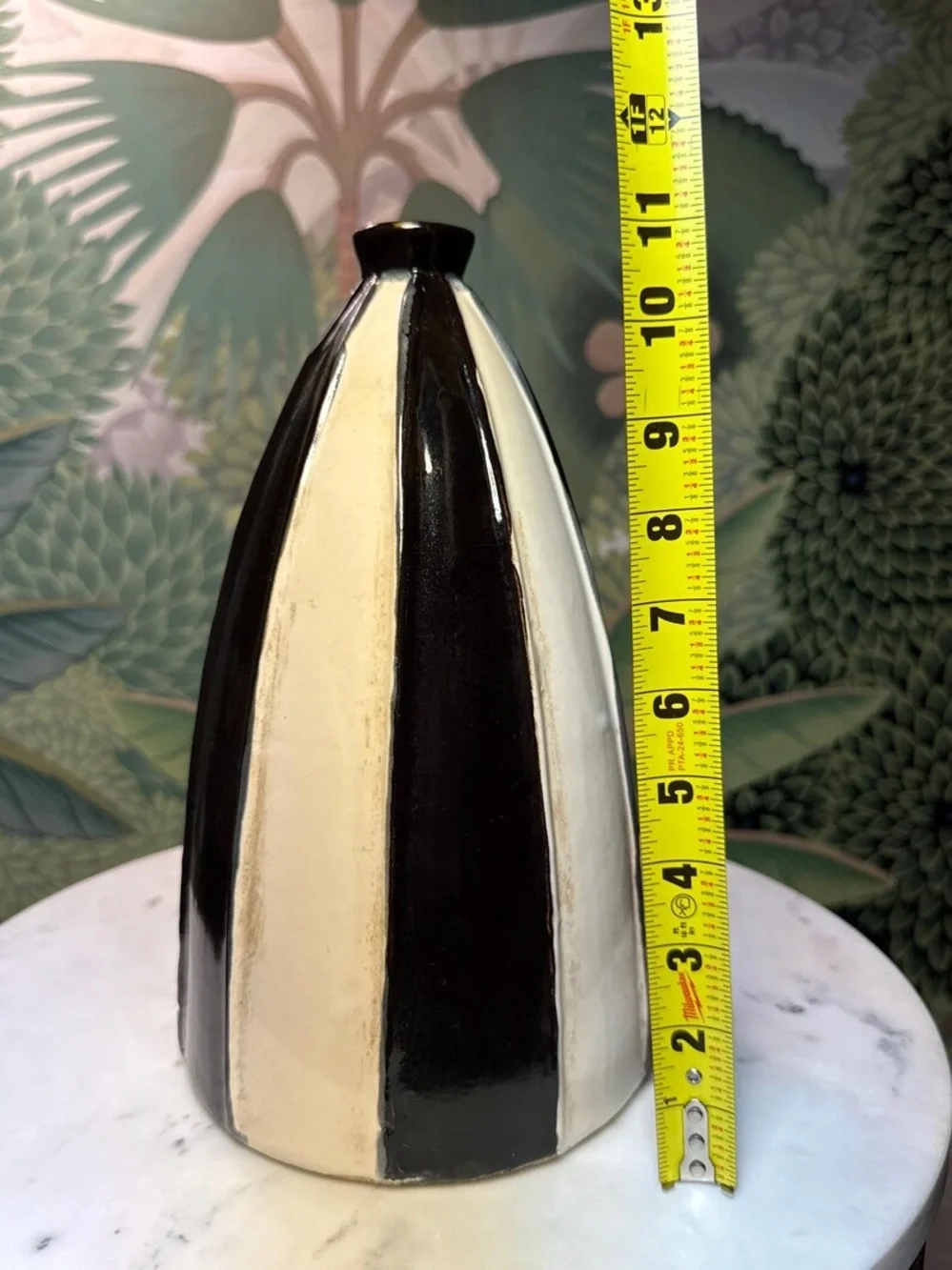Rare  Studio Pottery Vase: Black & White Striped Mid-Century Modern Decor 11.5”